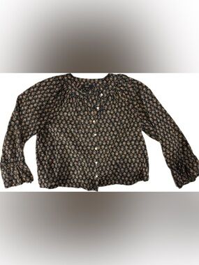 Able Black Button-Front Floral Print Blouse with Orange Accents